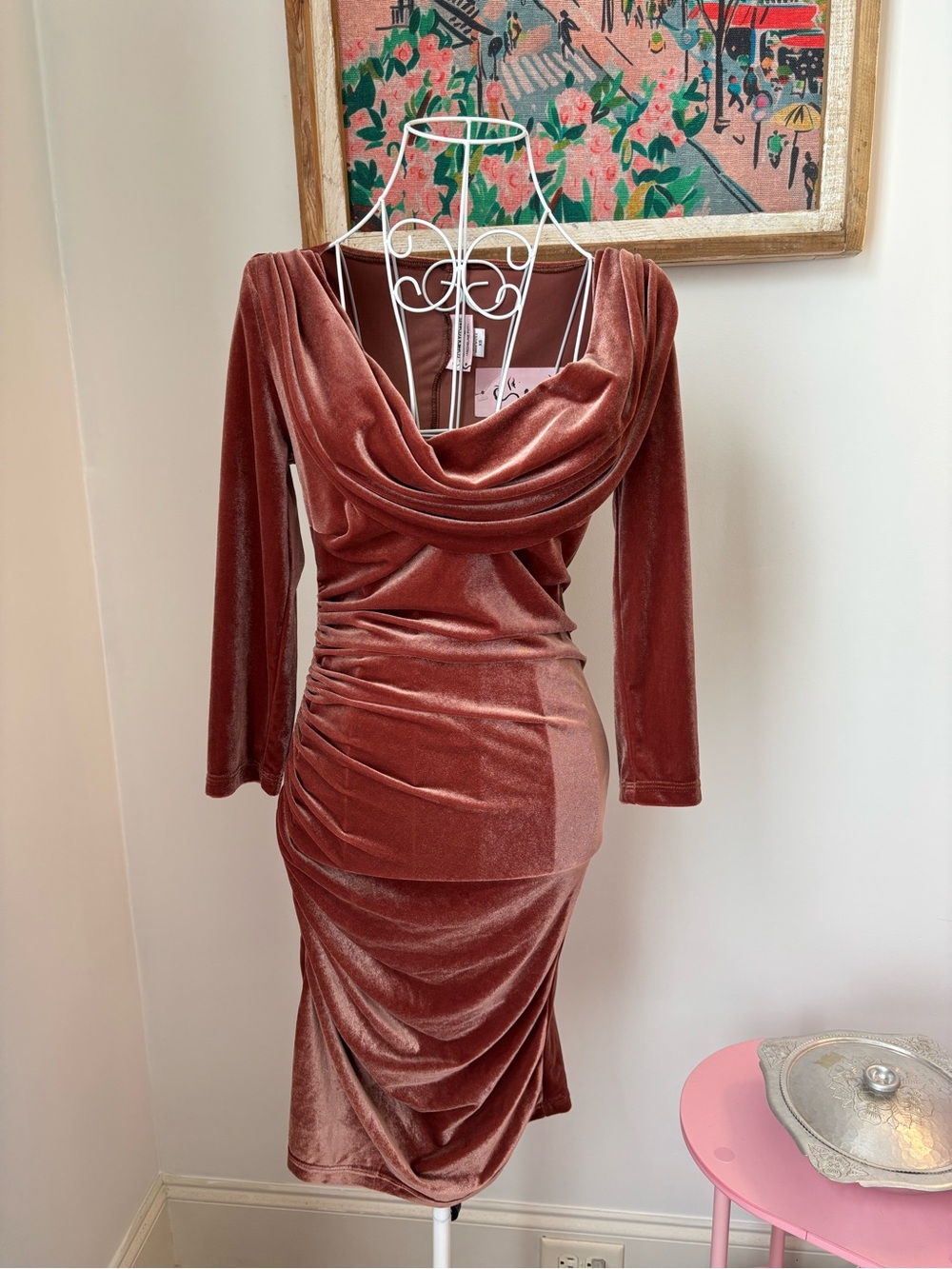 Cowl Neck Velvet Ruched Midi Dress - Rose Brown